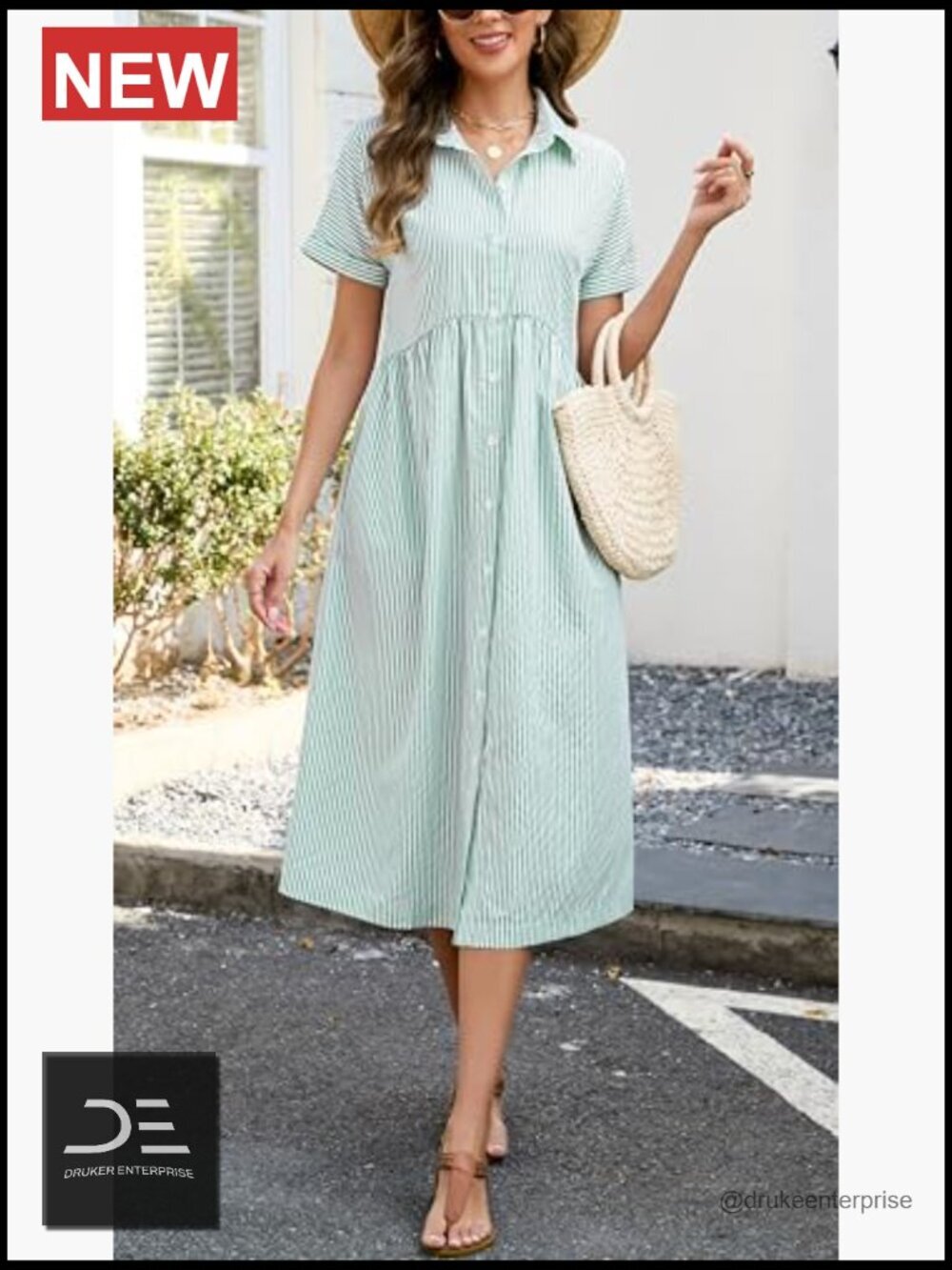 Striped Midi Shirt Dress Short Sleeve Button Down Side Slit Casual Beach - Picture 6 of 7